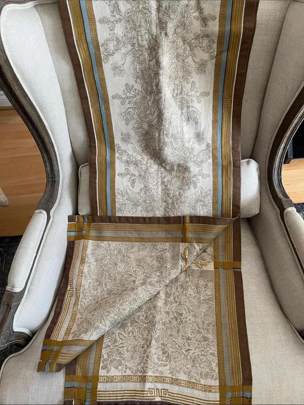 Williams Sonoma Brown Cream and Blue Striped Floral Table Runner